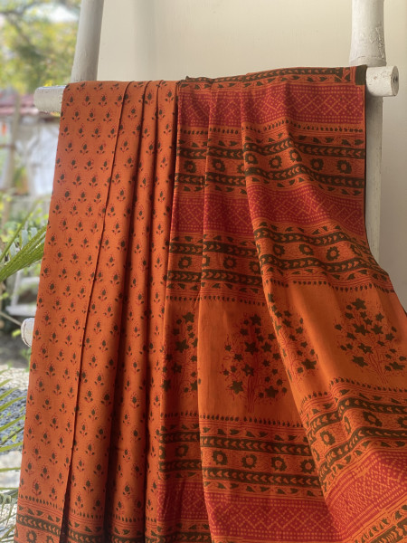 RUST-GREEN HAND BLOCK PRINT COTTON MULL SARI