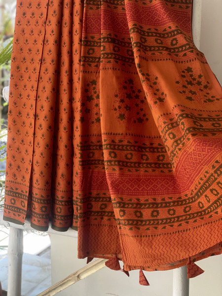 RUST-GREEN HAND BLOCK PRINT COTTON MULL SARI