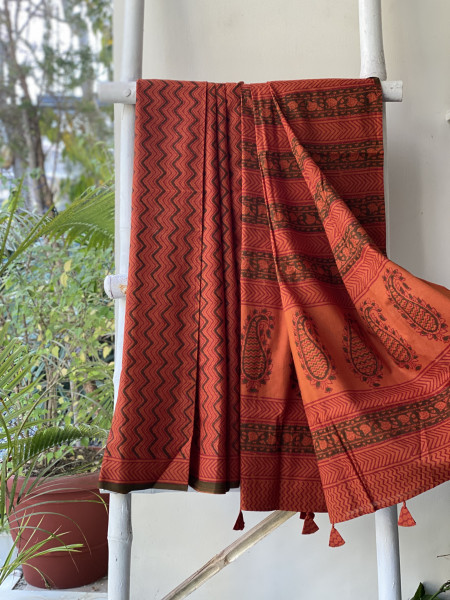 RUST-GREEN HAND BLOCK PRINT COTTON MULL SARI