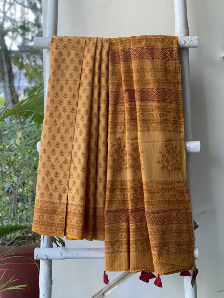 MUSTARD HAND BLOCK PRINT COTTON MULL SARI