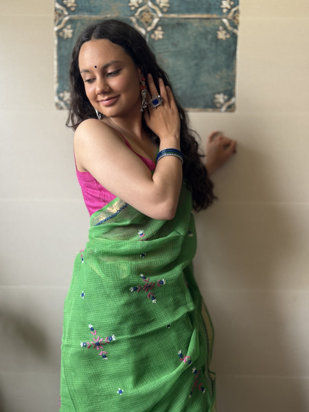 GREEN KOTA COTTON HAND EMBROIDERED SARI