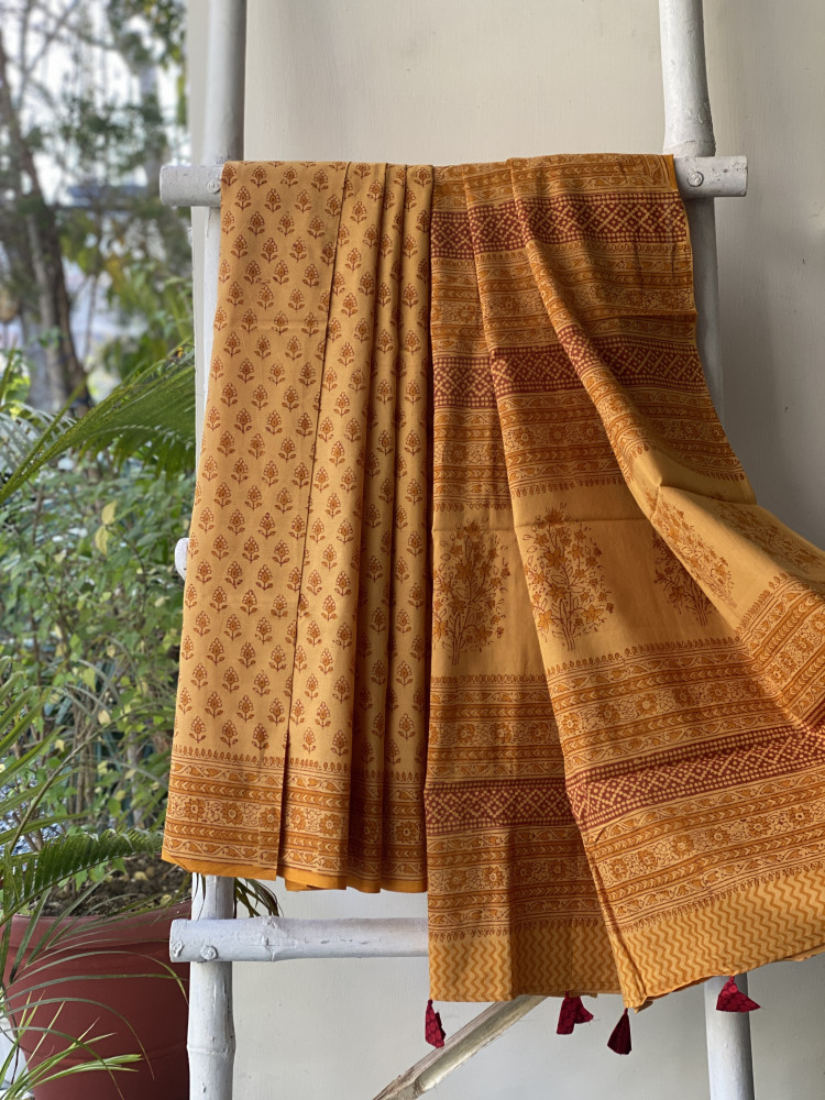 Image of MUSTARD HAND BLOCK PRINT COTTON MULL SARI