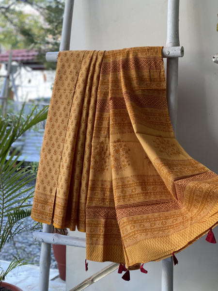 MUSTARD HAND BLOCK PRINT COTTON MULL SARI