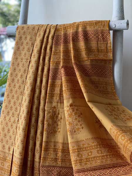 MUSTARD HAND BLOCK PRINT COTTON MULL SARI