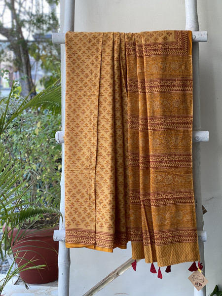 MUSTARD HAND BLOCK PRINT COTTON MULL SARI