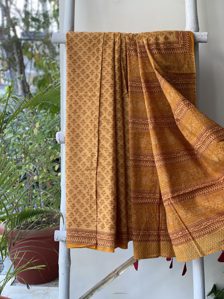 MUSTARD HAND BLOCK PRINT COTTON MULL SARI