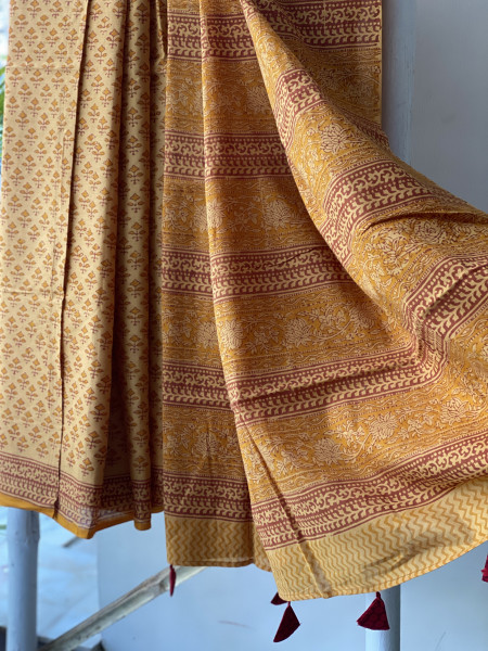 MUSTARD HAND BLOCK PRINT COTTON MULL SARI