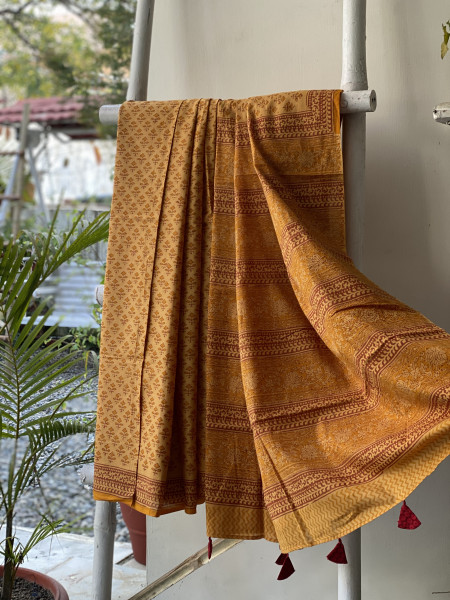MUSTARD HAND BLOCK PRINT COTTON MULL SARI