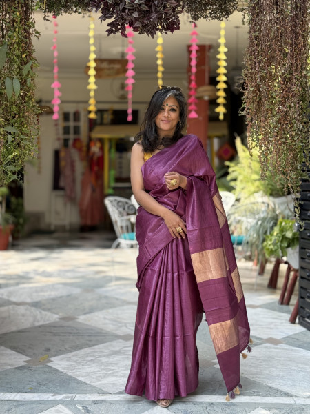 WINE DESI TUSSAR SILK WOVEN ZARI SARI