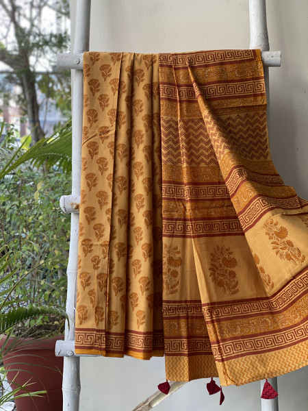 MUSTARD HAND BLOCK PRINT COTTON MULL SARI