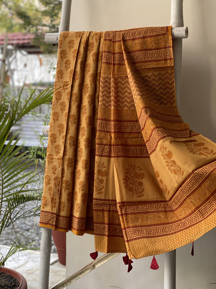 Image of MUSTARD HAND BLOCK PRINT COTTON MULL SARI