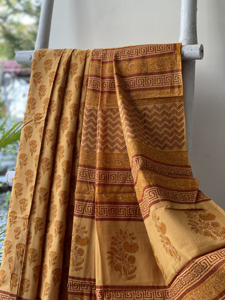 MUSTARD HAND BLOCK PRINT COTTON MULL SARI