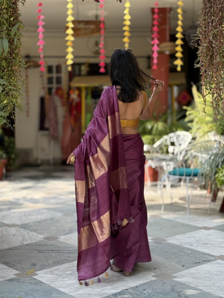 WINE DESI TUSSAR SILK WOVEN ZARI SARI