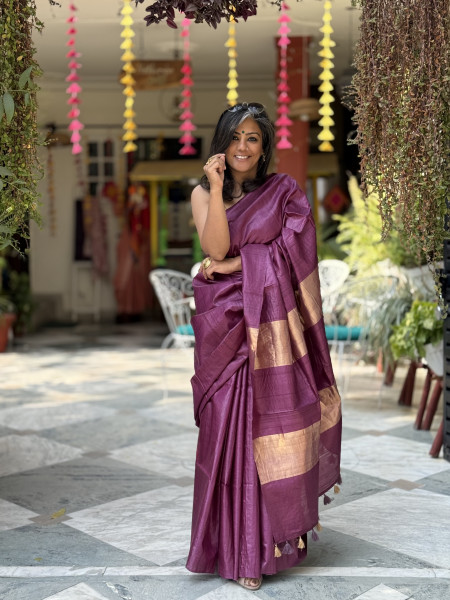 WINE DESI TUSSAR SILK WOVEN ZARI SARI