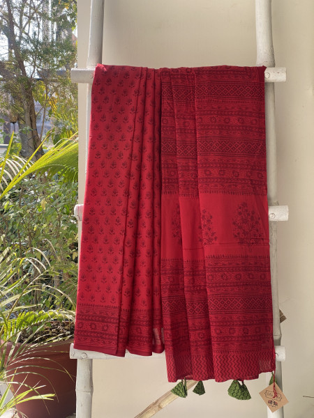 RED HAND BLOCK PRINT COTTON MULL SARI