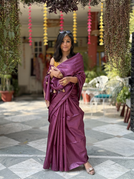 WINE DESI TUSSAR SILK WOVEN ZARI SARI