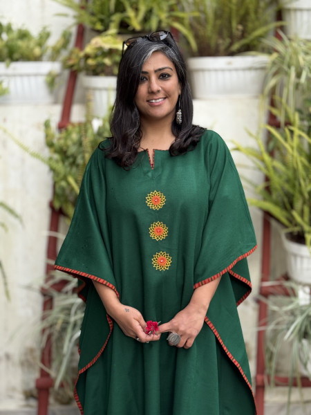 GREEN WOOLLEN EMBROIDERED KAFTAN