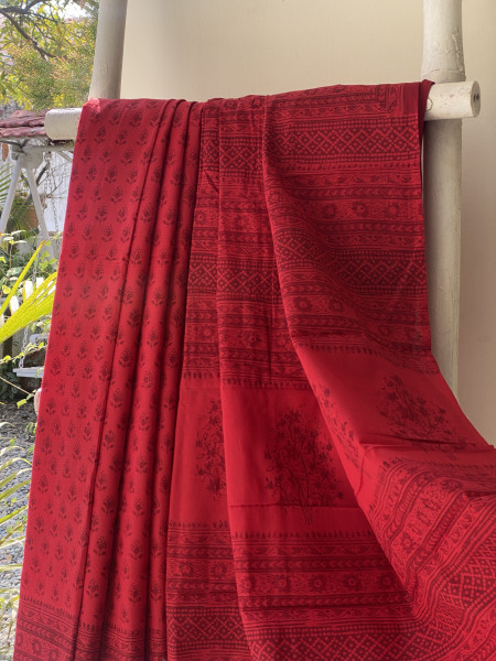RED HAND BLOCK PRINT COTTON MULL SARI