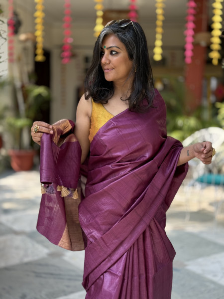 WINE DESI TUSSAR SILK WOVEN ZARI SARI