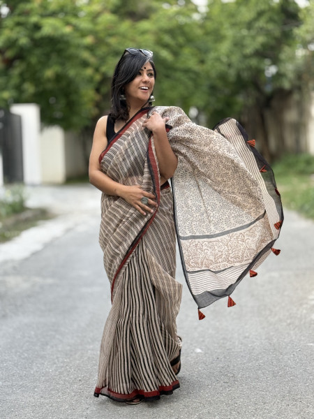BEIGE-BLACK HAND BLOCK PRINT COTTON KOTA SARI