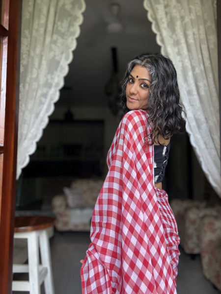 RED GINGHAM CHECKS  MULMUL COTTON SARI