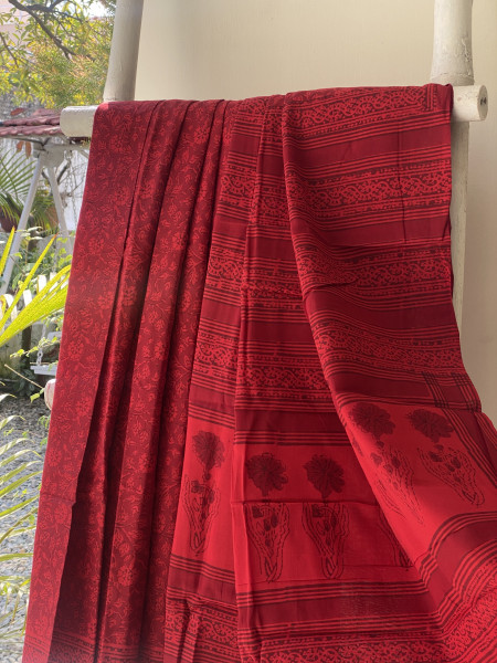 RED HAND BLOCK PRINT COTTON MULL SARI