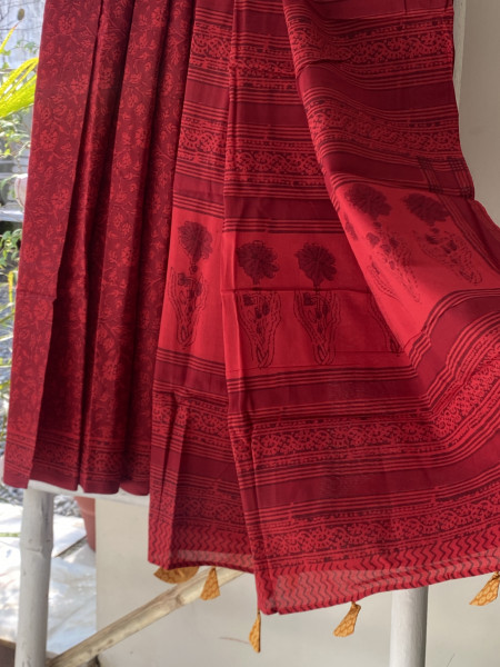 RED HAND BLOCK PRINT COTTON MULL SARI