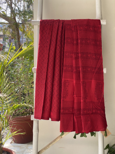 RED HAND BLOCK PRINT COTTON MULL SARI