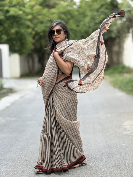 BEIGE-BLACK HAND BLOCK PRINT COTTON KOTA SARI