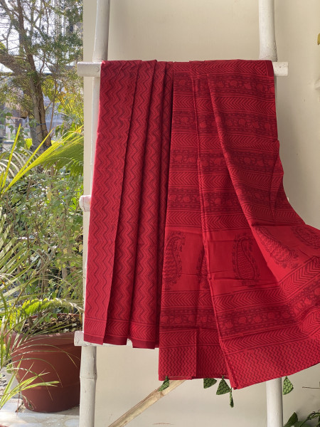 RED HAND BLOCK PRINT COTTON MULL SARI