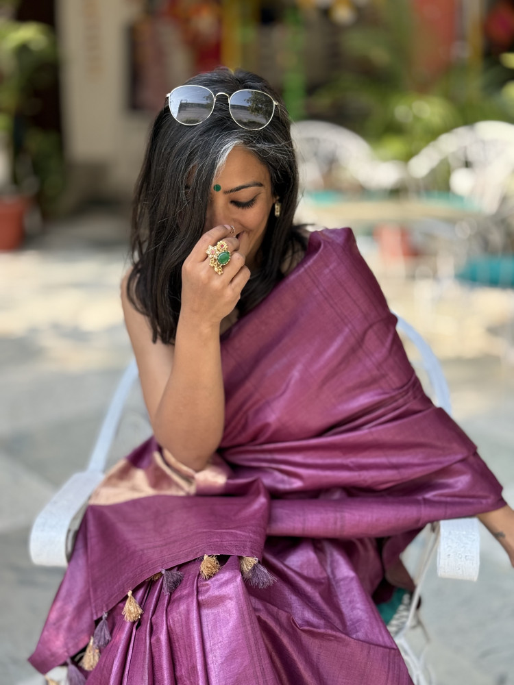 Image of WINE DESI TUSSAR SILK WOVEN ZARI SARI