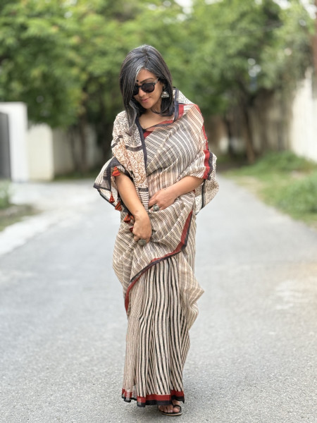 BEIGE-BLACK HAND BLOCK PRINT COTTON KOTA SARI