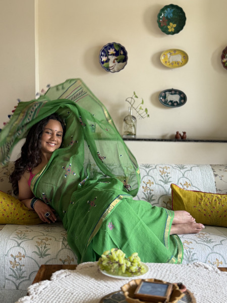 GREEN KOTA COTTON HAND EMBROIDERED SARI