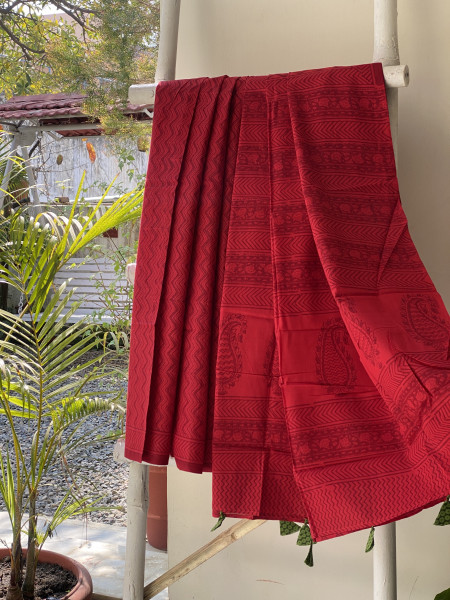 RED HAND BLOCK PRINT COTTON MULL SARI