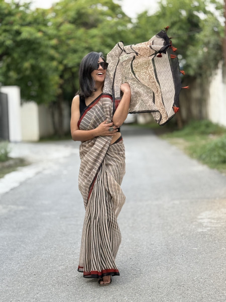 BEIGE-BLACK HAND BLOCK PRINT COTTON KOTA SARI
