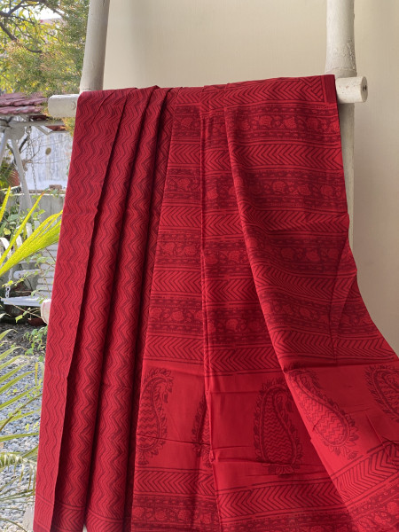 RED HAND BLOCK PRINT COTTON MULL SARI