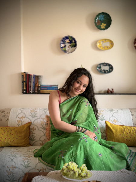 GREEN KOTA COTTON HAND EMBROIDERED SARI