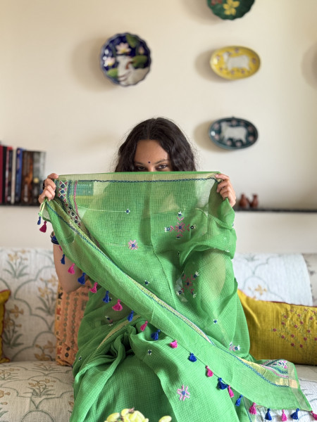 GREEN KOTA COTTON HAND EMBROIDERED SARI