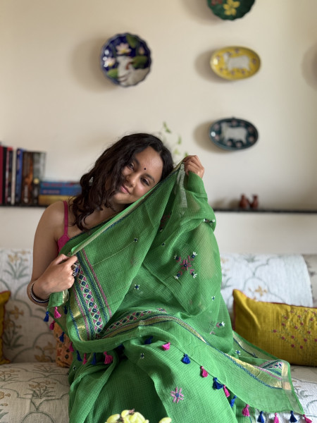 GREEN KOTA COTTON HAND EMBROIDERED SARI