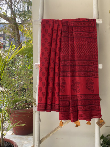 RED HAND BLOCK PRINT COTTON MULL SARI