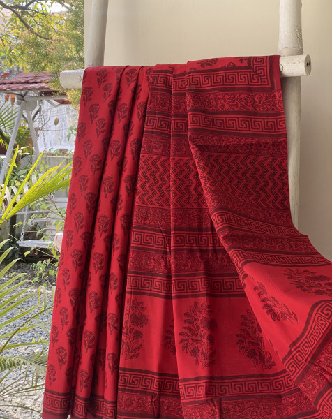 RED HAND BLOCK PRINT COTTON MULL SARI