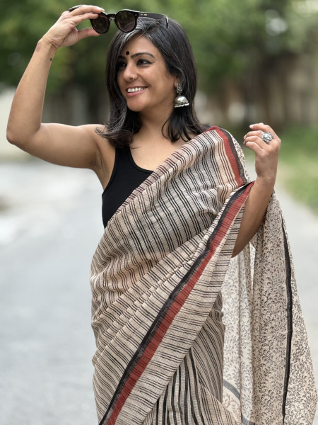 BEIGE-BLACK HAND BLOCK PRINT COTTON KOTA SARI