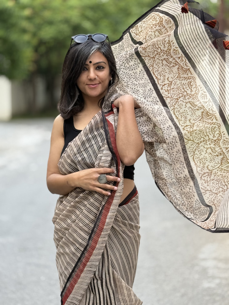 Image of BEIGE-BLACK HAND BLOCK PRINT COTTON KOTA SARI