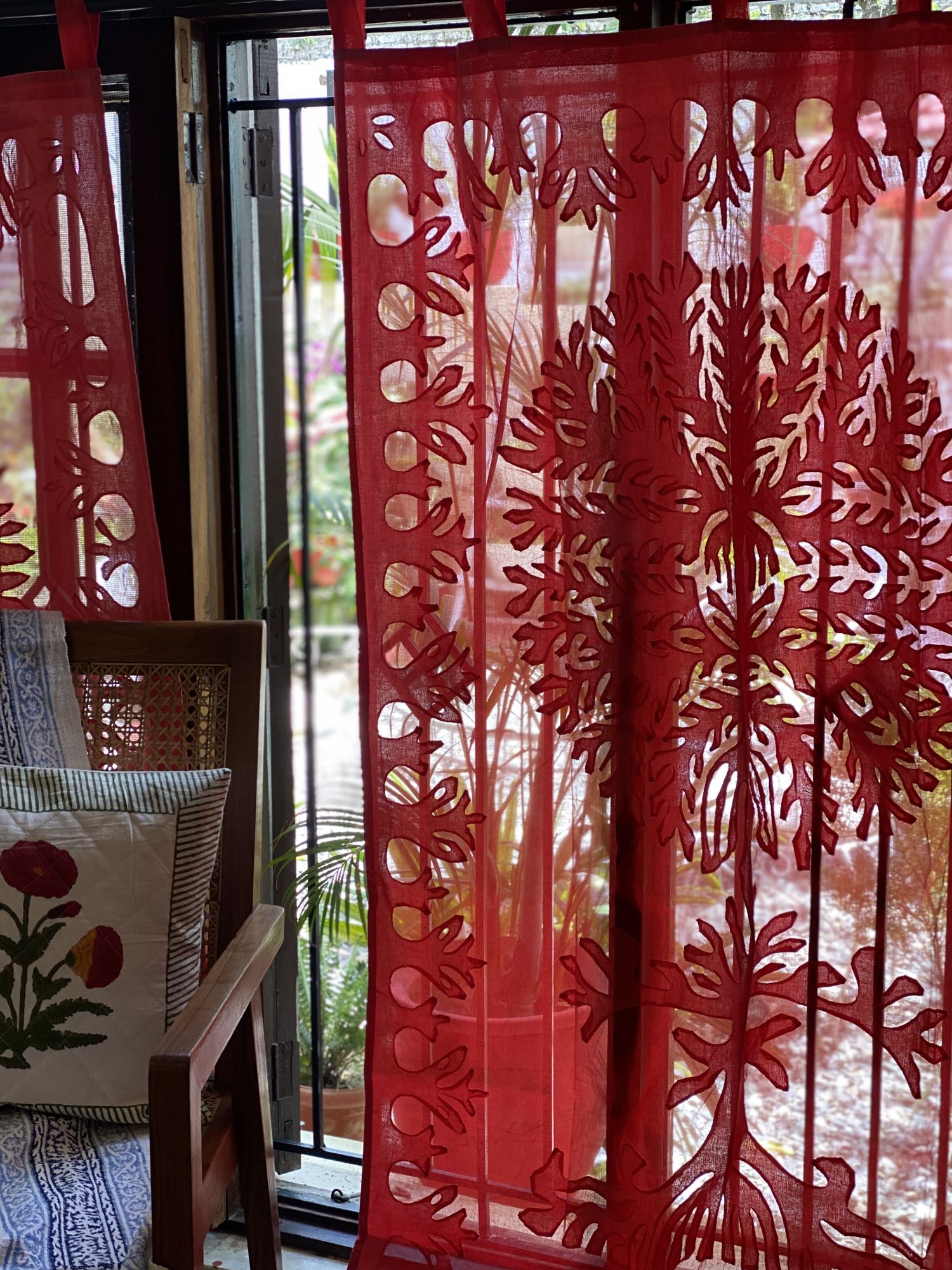 RED Cotton ORGANDY APPLIQUE Window Curtain-5ft