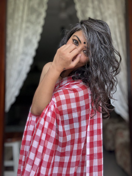 RED GINGHAM CHECKS  MULMUL COTTON SARI