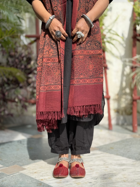MAROON PURE WOOL ajrakh hand dyed shaWL