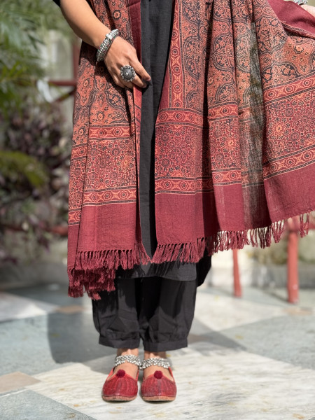 MAROON PURE WOOL ajrakh hand dyed shaWL