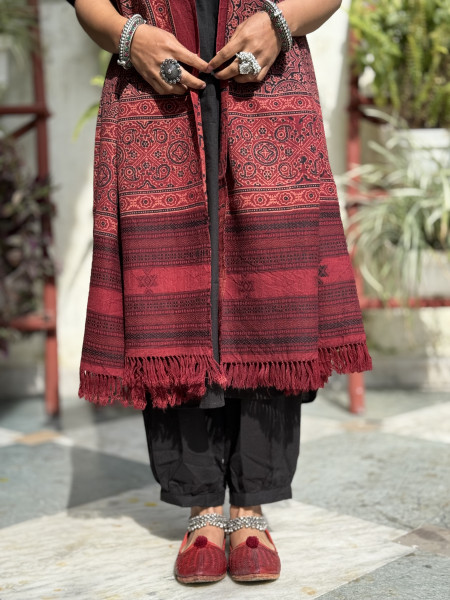 MAROON PURE WOOL ajrakh hand dyed shaWL