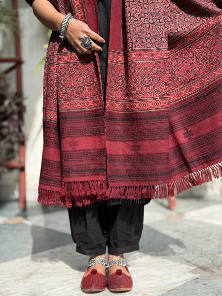 MAROON PURE WOOL ajrakh hand dyed shaWL