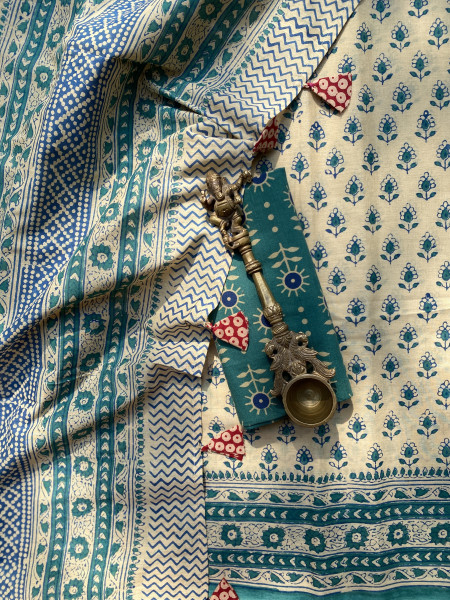 BEIGE-TEAL HAND BLOCK PRINT COTTON MULL SARI
